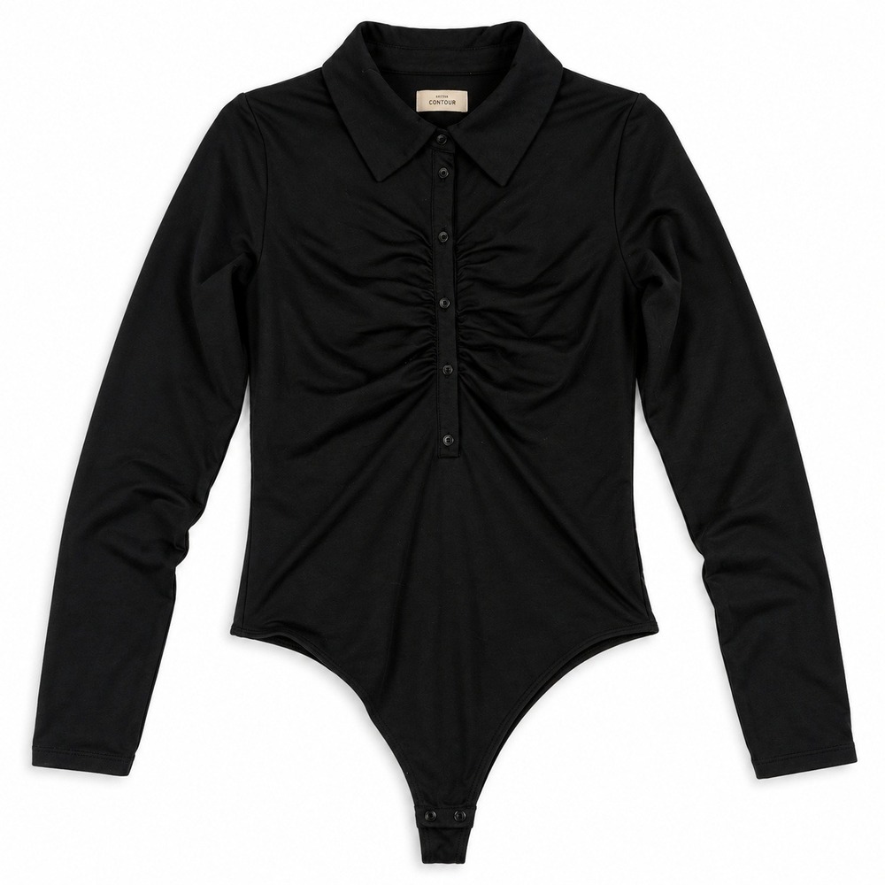 Aritzia Babaton Contour Speaker Bodysuit Women's Large Black Ruched Long Sleeve